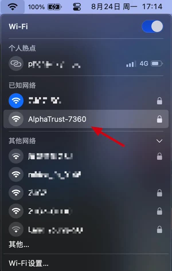 手机 Wi-Fi 设置界面,已连接 AlphaTrust 热点